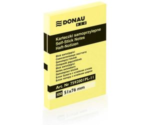 Bloczek samoprzylepny DONAU Eco, 51x76mm, 1x100 kart., jasnożółty