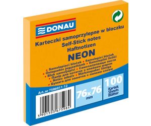 Bloczek samoprzylepny DONAU, 76x76mm, 1x100 kart., neon, pomarańczowy