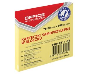 Bloczek samoprzylepny OFFICE PRODUCTS, 76x76mm, 1x100 kart., pastel, jasnożółte