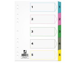 Przekładki Q-CONNECT Mylar, karton, A4, 225x297mm, 1-5, 5 kart, lam. indeks, mix kolorów