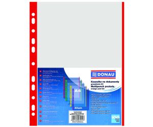 Koszulki na dokumenty DONAU, PP, A4, krystal, 40mikr., kolorowy brzeg - czerwony, 100szt.